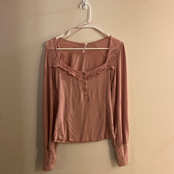 Free People Lace Button Detail Henley Top Long Sleeve - Picture 1 of 4
